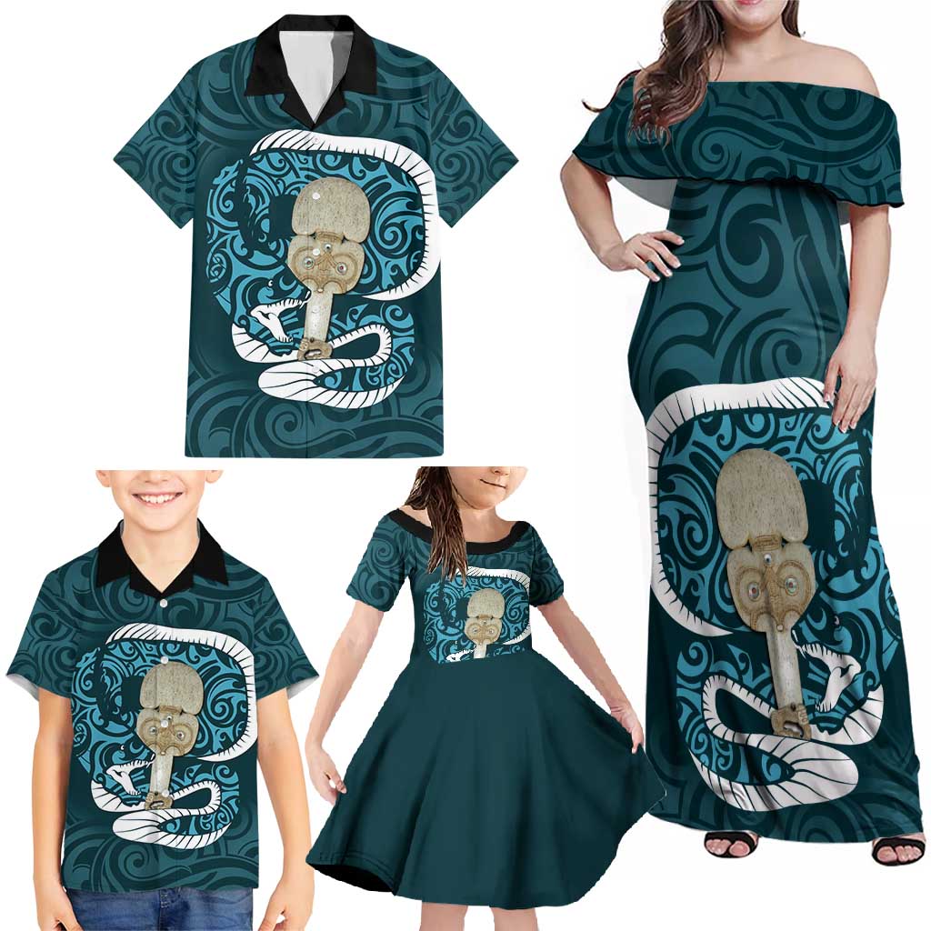 Turquoise New Zealand Eel Family Matching Off Shoulder Maxi Dress and Hawaiian Shirt Aotearoa Maori Tuna With Kotiate Weapon LT14 - Polynesian Pride