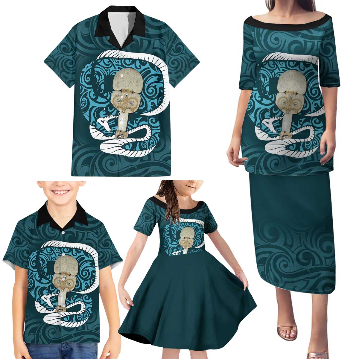 Turquoise New Zealand Eel Family Matching Puletasi and Hawaiian Shirt Aotearoa Maori Tuna With Kotiate Weapon