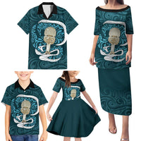 Turquoise New Zealand Eel Family Matching Puletasi and Hawaiian Shirt Aotearoa Maori Tuna With Kotiate Weapon