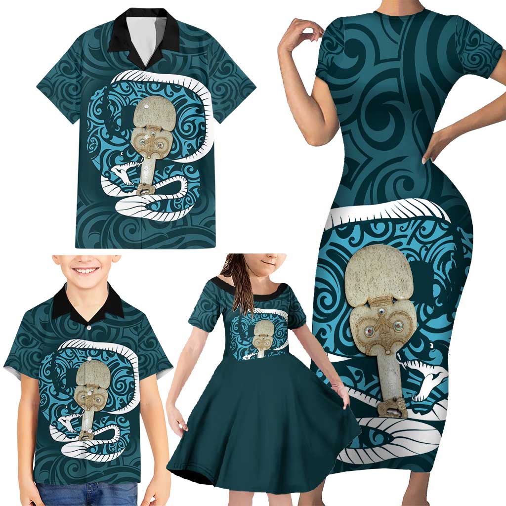 Turquoise New Zealand Eel Family Matching Short Sleeve Bodycon Dress and Hawaiian Shirt Aotearoa Maori Tuna With Kotiate Weapon