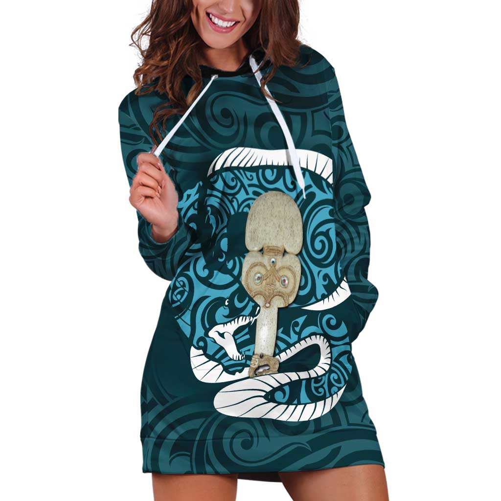 Turquoise New Zealand Eel Hoodie Dress Aotearoa Maori Tuna With Kotiate Weapon