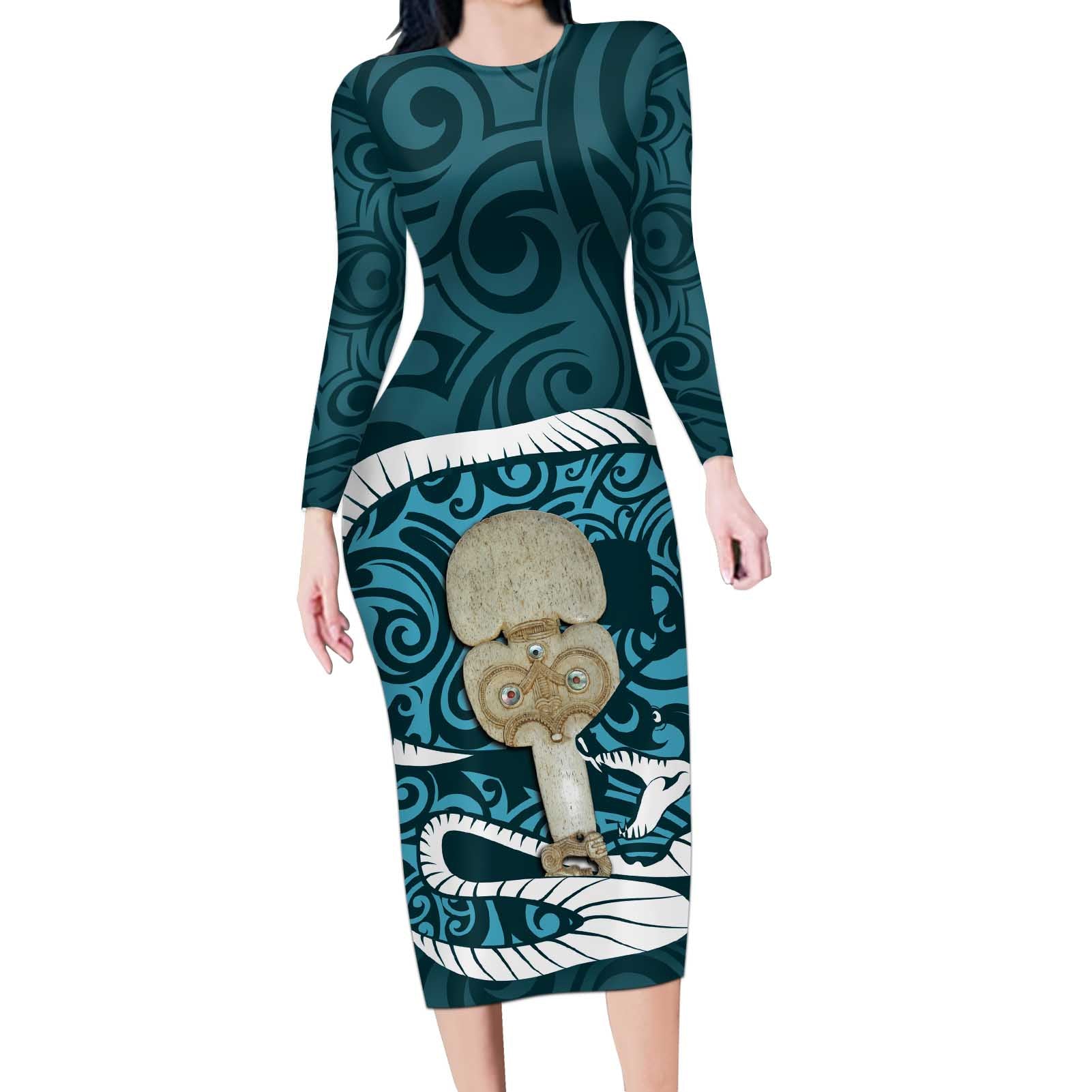 Turquoise New Zealand Eel Long Sleeve Bodycon Dress Aotearoa Maori Tuna With Kotiate Weapon