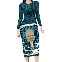 Turquoise New Zealand Eel Long Sleeve Bodycon Dress Aotearoa Maori Tuna With Kotiate Weapon