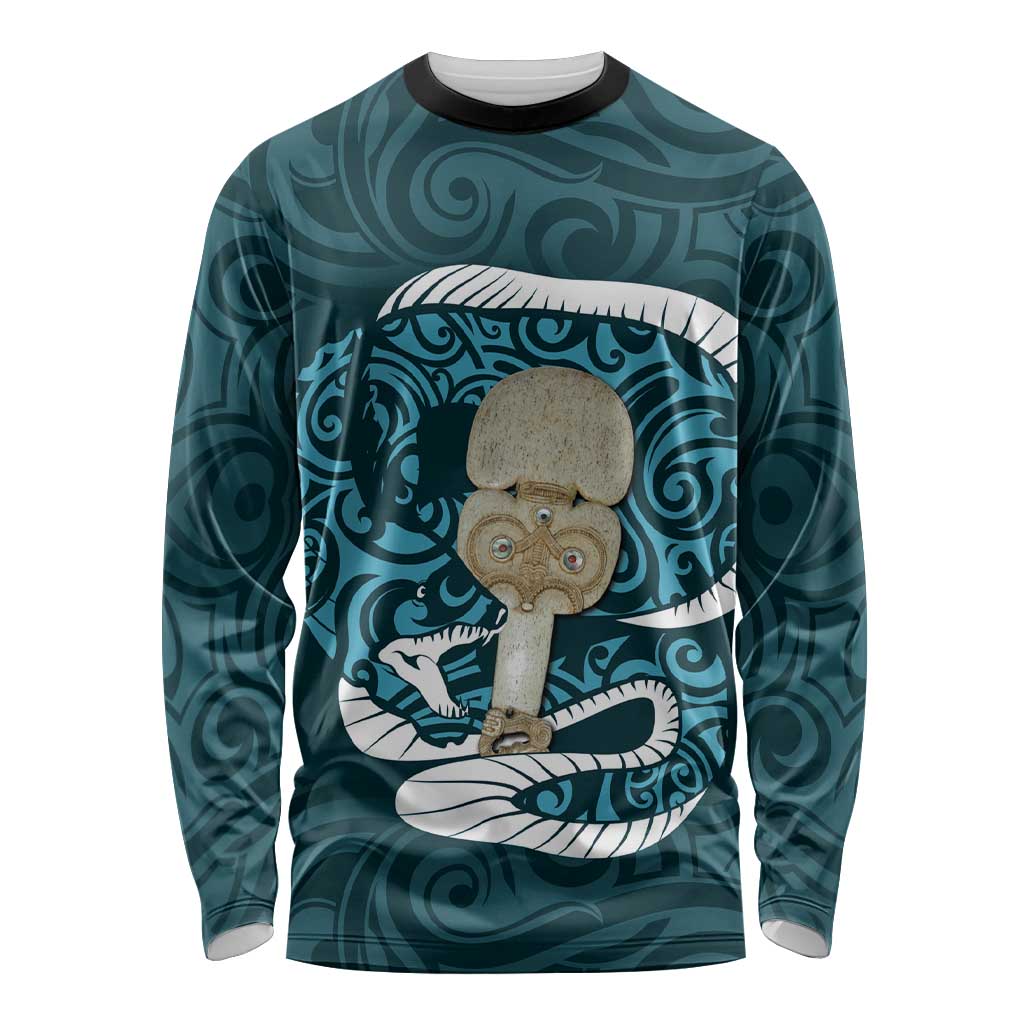 Turquoise New Zealand Eel Long Sleeve Shirt Aotearoa Maori Tuna With Kotiate Weapon