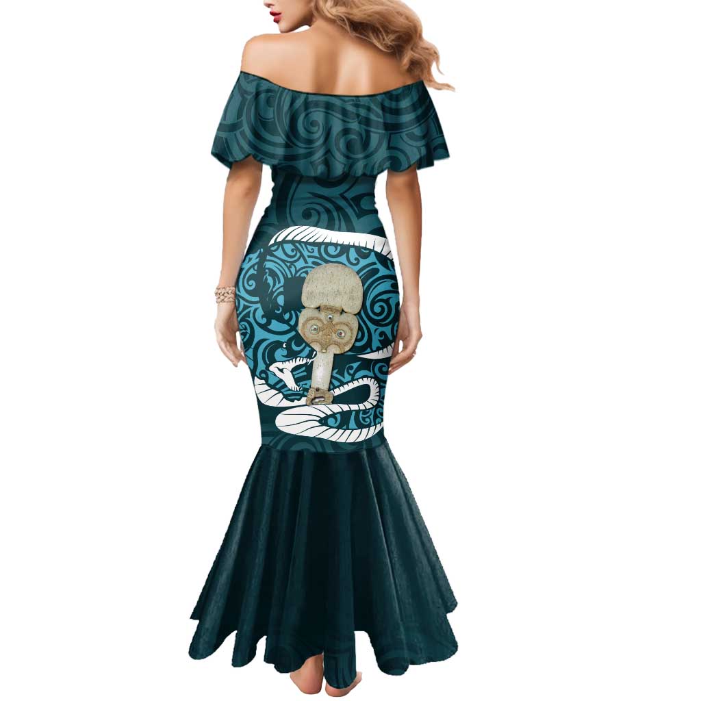 Turquoise New Zealand Eel Mermaid Dress Aotearoa Maori Tuna With Kotiate Weapon