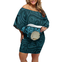 Turquoise New Zealand Eel Off Shoulder Short Dress Aotearoa Maori Tuna With Kotiate Weapon LT14 Women Turquoise - Polynesian Pride