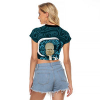 Turquoise New Zealand Eel Raglan Cropped T Shirt Aotearoa Maori Tuna With Kotiate Weapon LT14 - Polynesian Pride