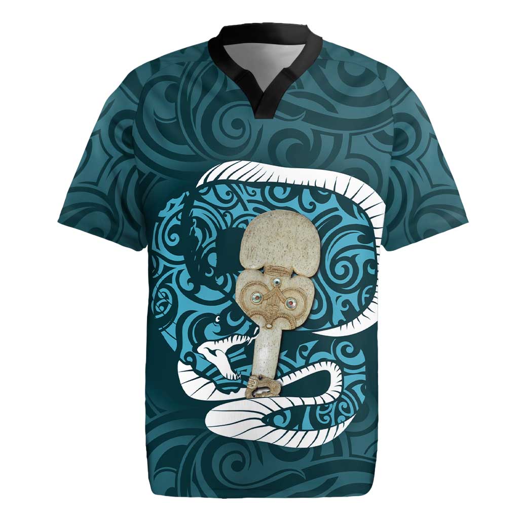 Turquoise New Zealand Eel Rugby Jersey Aotearoa Maori Tuna With Kotiate Weapon