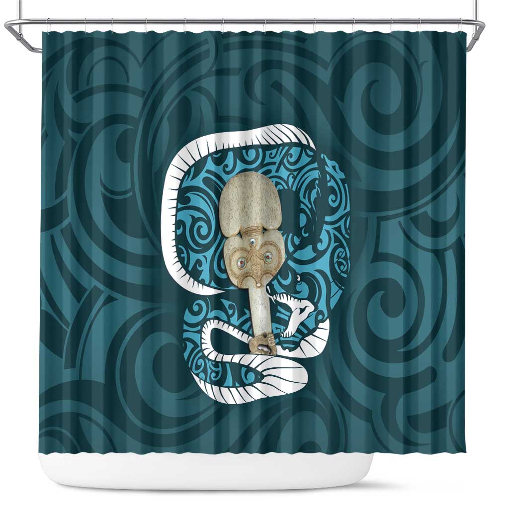 Turquoise New Zealand Eel Shower Curtain Aotearoa Maori Tuna With Kotiate Weapon