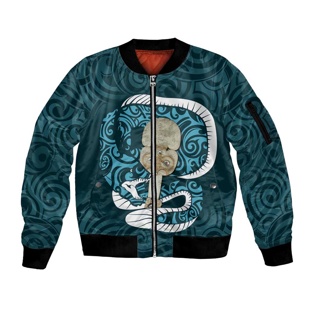 Turquoise New Zealand Eel Sleeve Zip Bomber Jacket Aotearoa Maori Tuna With Kotiate Weapon