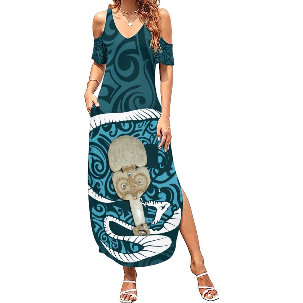 Turquoise New Zealand Eel Summer Maxi Dress Aotearoa Maori Tuna With Kotiate Weapon LT14 Women Turquoise - Polynesian Pride