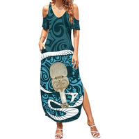 Turquoise New Zealand Eel Summer Maxi Dress Aotearoa Maori Tuna With Kotiate Weapon LT14 Women Turquoise - Polynesian Pride