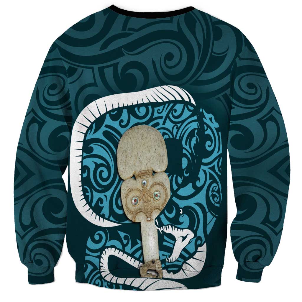 Turquoise New Zealand Eel Sweatshirt Aotearoa Maori Tuna With Kotiate Weapon LT14 - Polynesian Pride