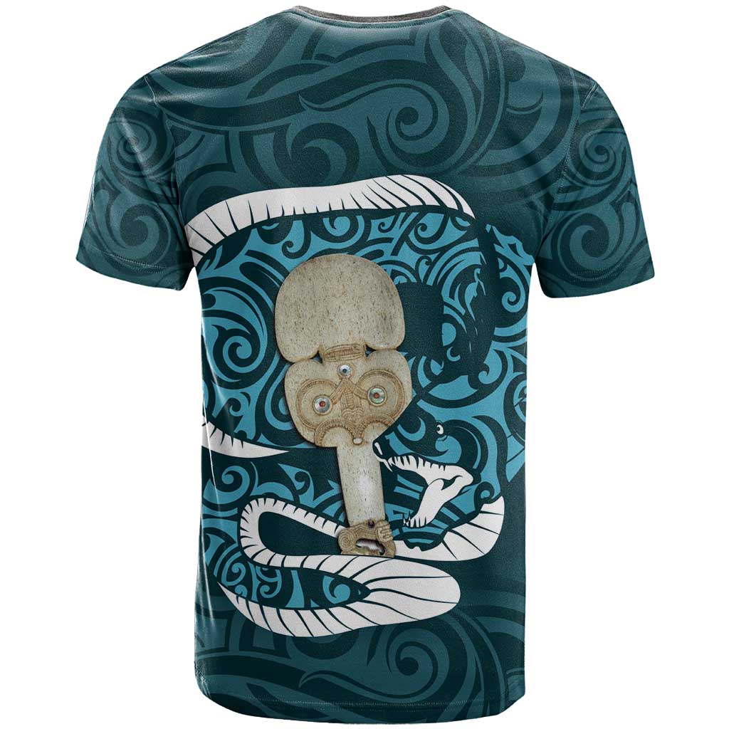 Turquoise New Zealand Eel T Shirt Aotearoa Maori Tuna With Kotiate Weapon LT14 - Polynesian Pride