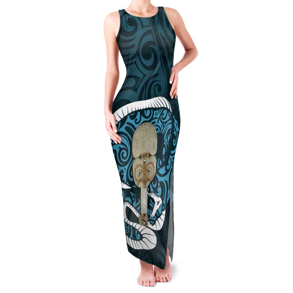 Turquoise New Zealand Eel Tank Maxi Dress Aotearoa Maori Tuna With Kotiate Weapon