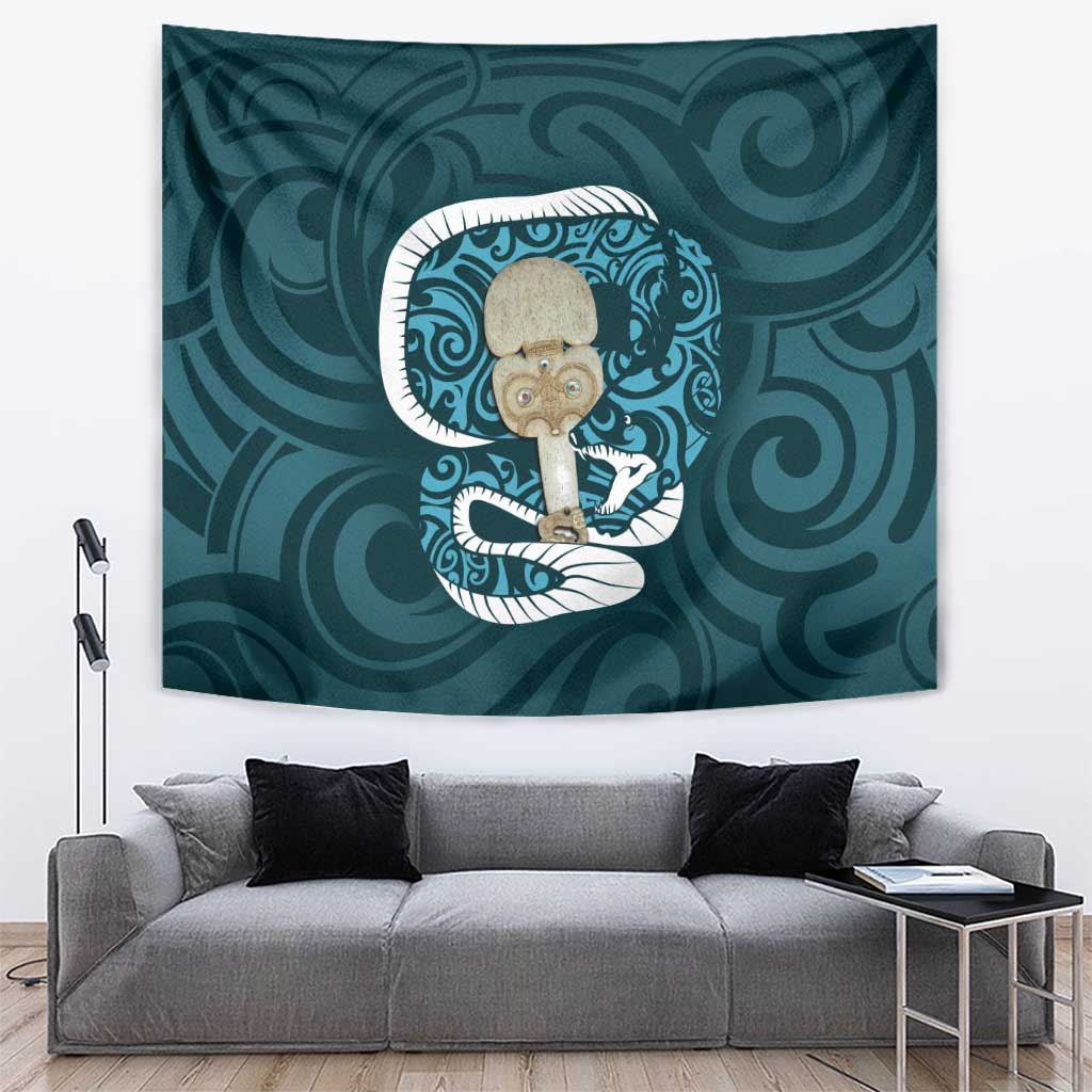 Turquoise New Zealand Eel Tapestry Aotearoa Maori Tuna With Kotiate Weapon