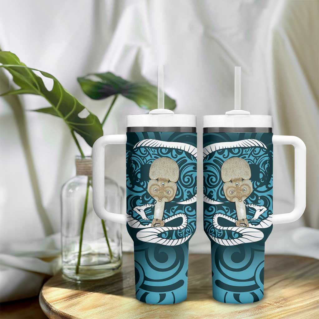 Turquoise New Zealand Eel Tumbler With Handle Aotearoa Maori Tuna With Kotiate Weapon LT14 - Polynesian Pride