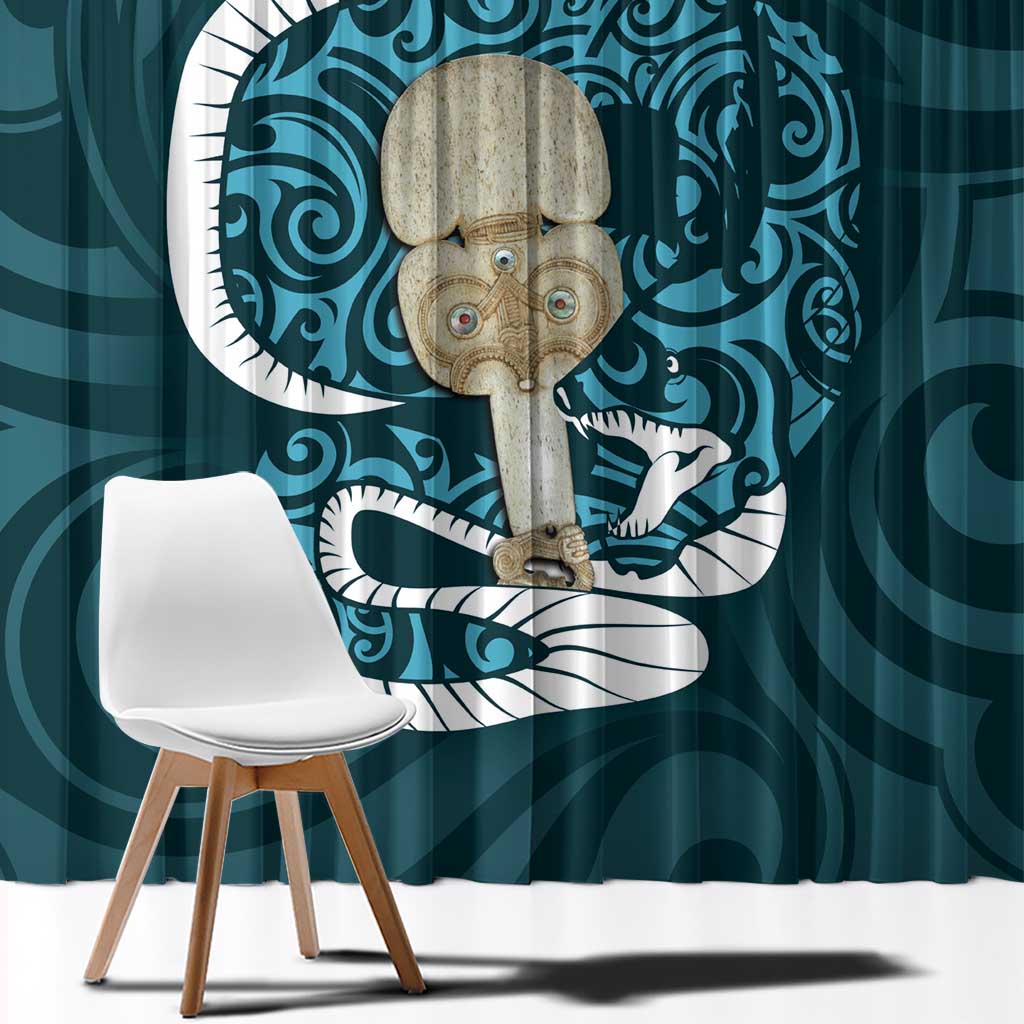 Turquoise New Zealand Eel Window Curtain Aotearoa Maori Tuna With Kotiate Weapon LT14 - Polynesian Pride