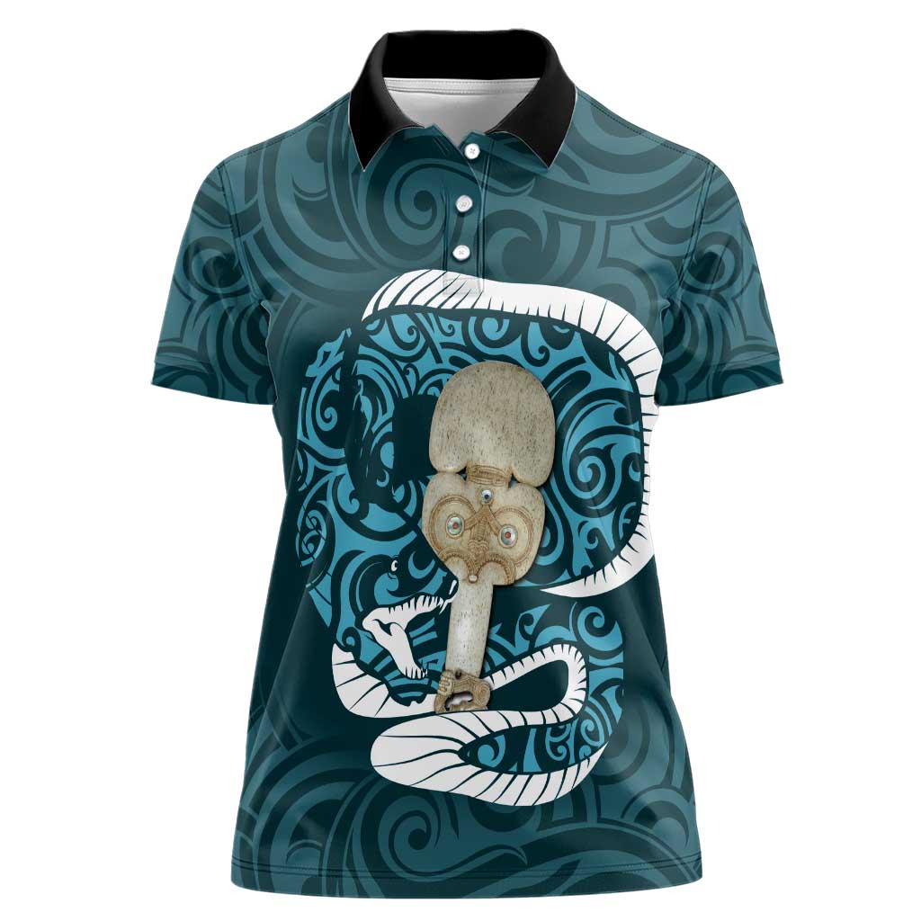 Turquoise New Zealand Eel Women Polo Shirt Aotearoa Maori Tuna With Kotiate Weapon