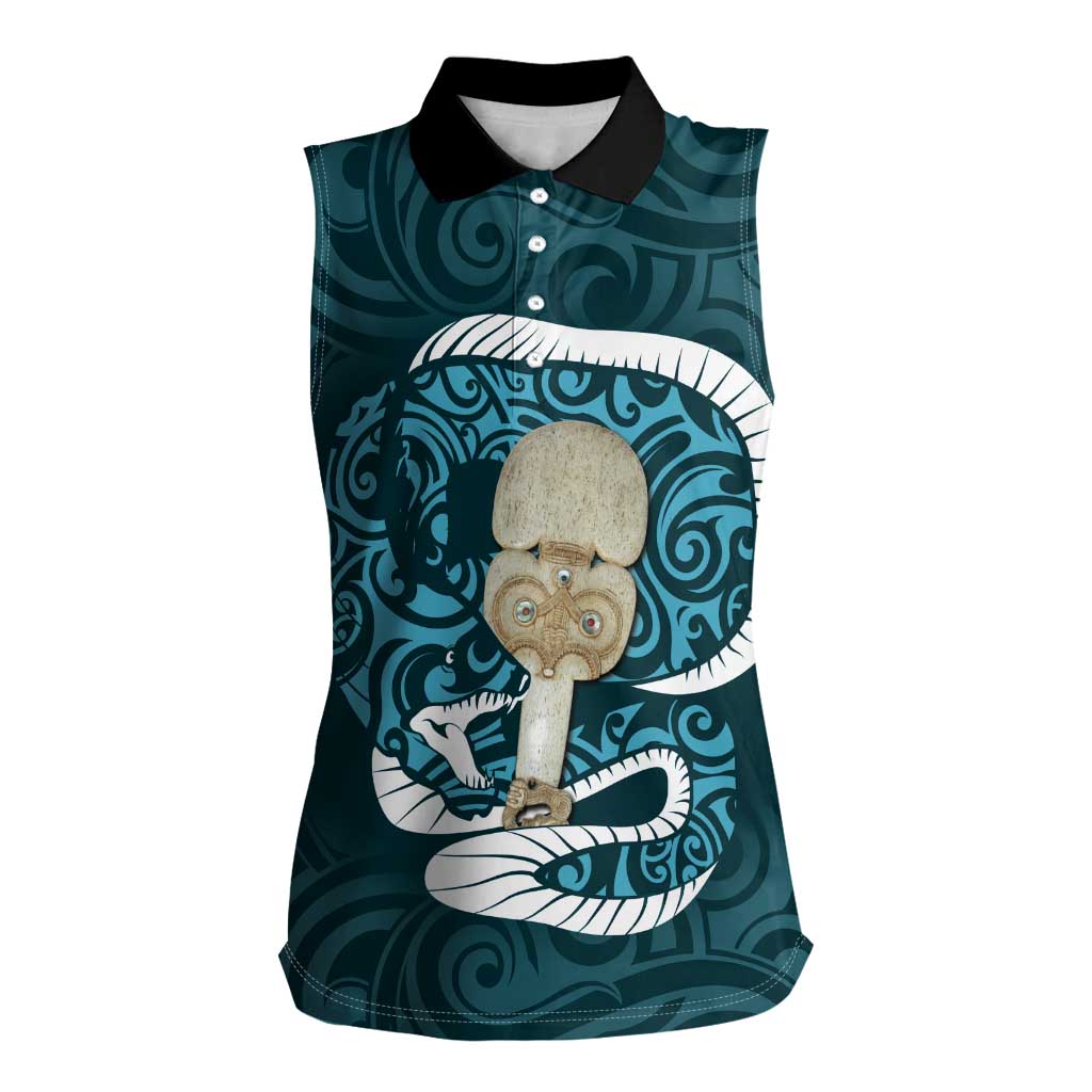 Turquoise New Zealand Eel Women Sleeveless Polo Shirt Aotearoa Maori Tuna With Kotiate Weapon