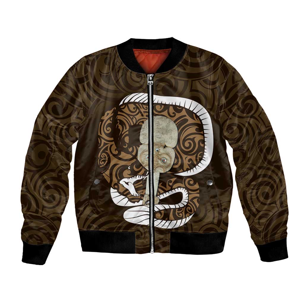 Gold New Zealand Eel Bomber Jacket Aotearoa Maori Tuna With Kotiate Weapon