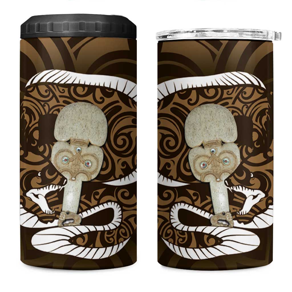 Gold New Zealand Eel Can Cooler Tumbler Aotearoa Maori Tuna With Kotiate Weapon