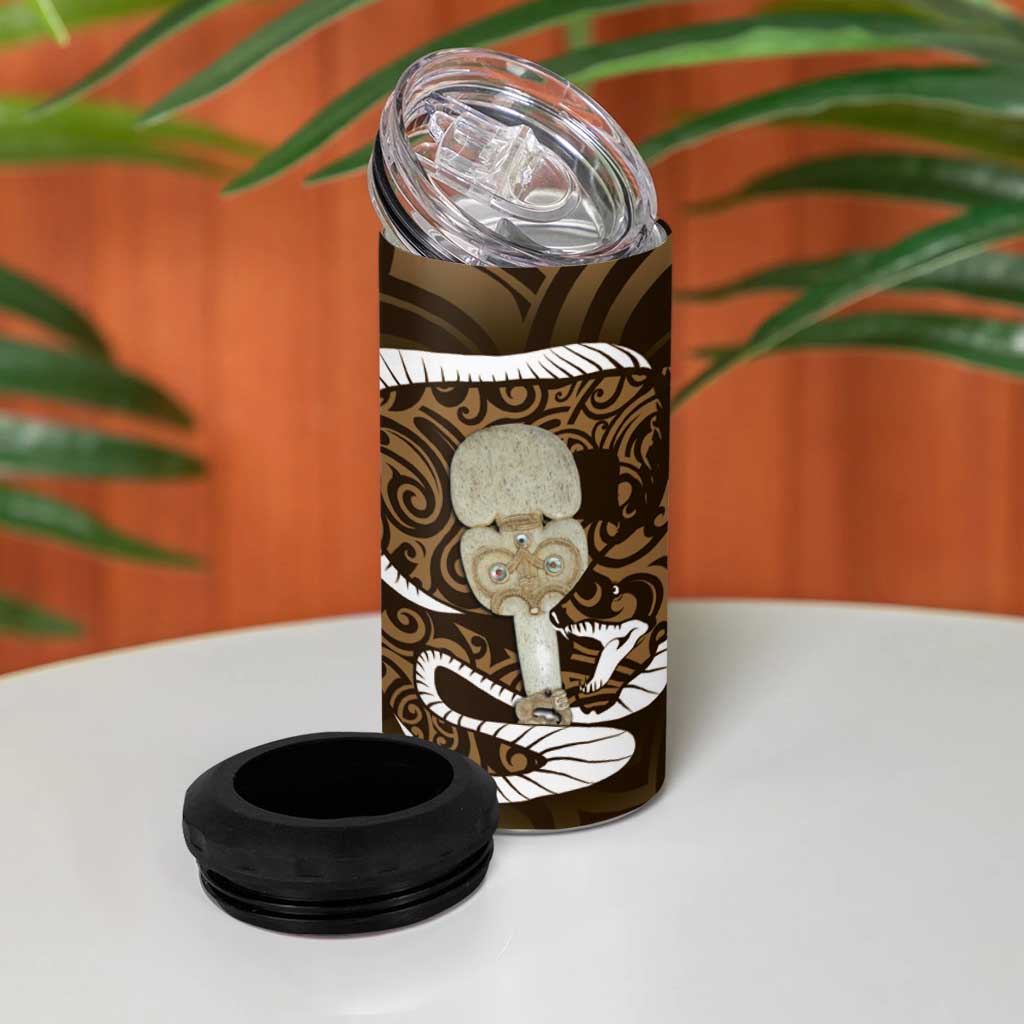 Gold New Zealand Eel Can Cooler Tumbler Aotearoa Maori Tuna With Kotiate Weapon