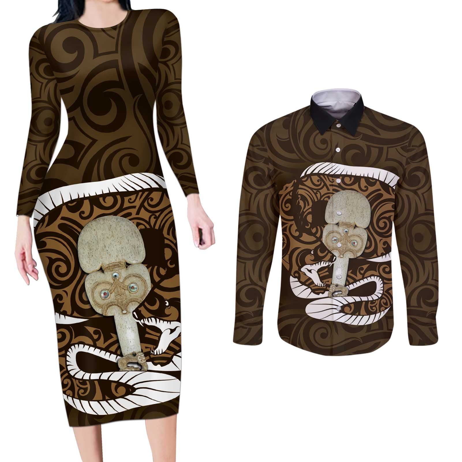 Gold New Zealand Eel Couples Matching Long Sleeve Bodycon Dress and Long Sleeve Button Shirt Aotearoa Maori Tuna With Kotiate Weapon