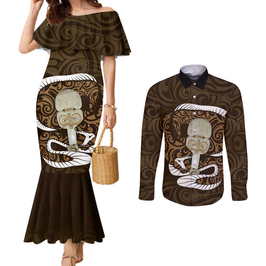 Gold New Zealand Eel Couples Matching Mermaid Dress and Long Sleeve Button Shirt Aotearoa Maori Tuna With Kotiate Weapon