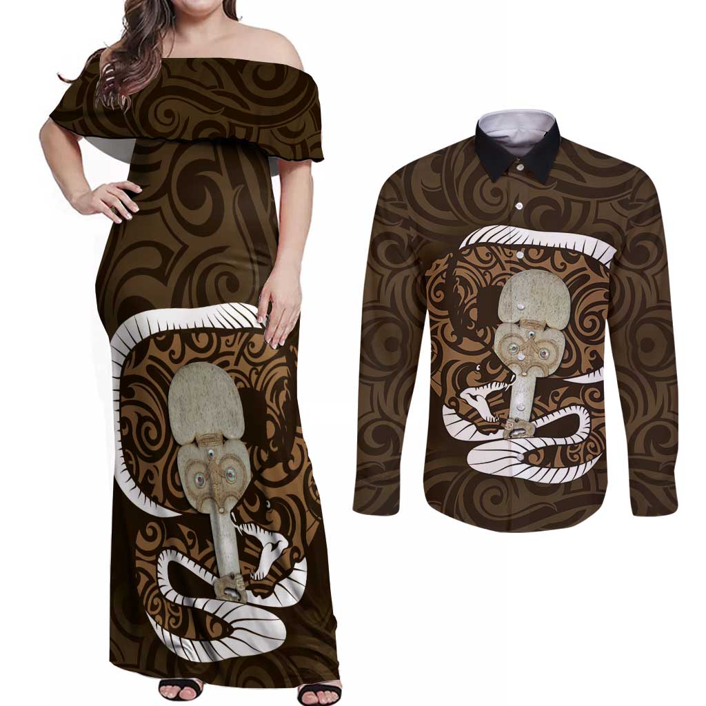 Gold New Zealand Eel Couples Matching Off Shoulder Maxi Dress and Long Sleeve Button Shirt Aotearoa Maori Tuna With Kotiate Weapon