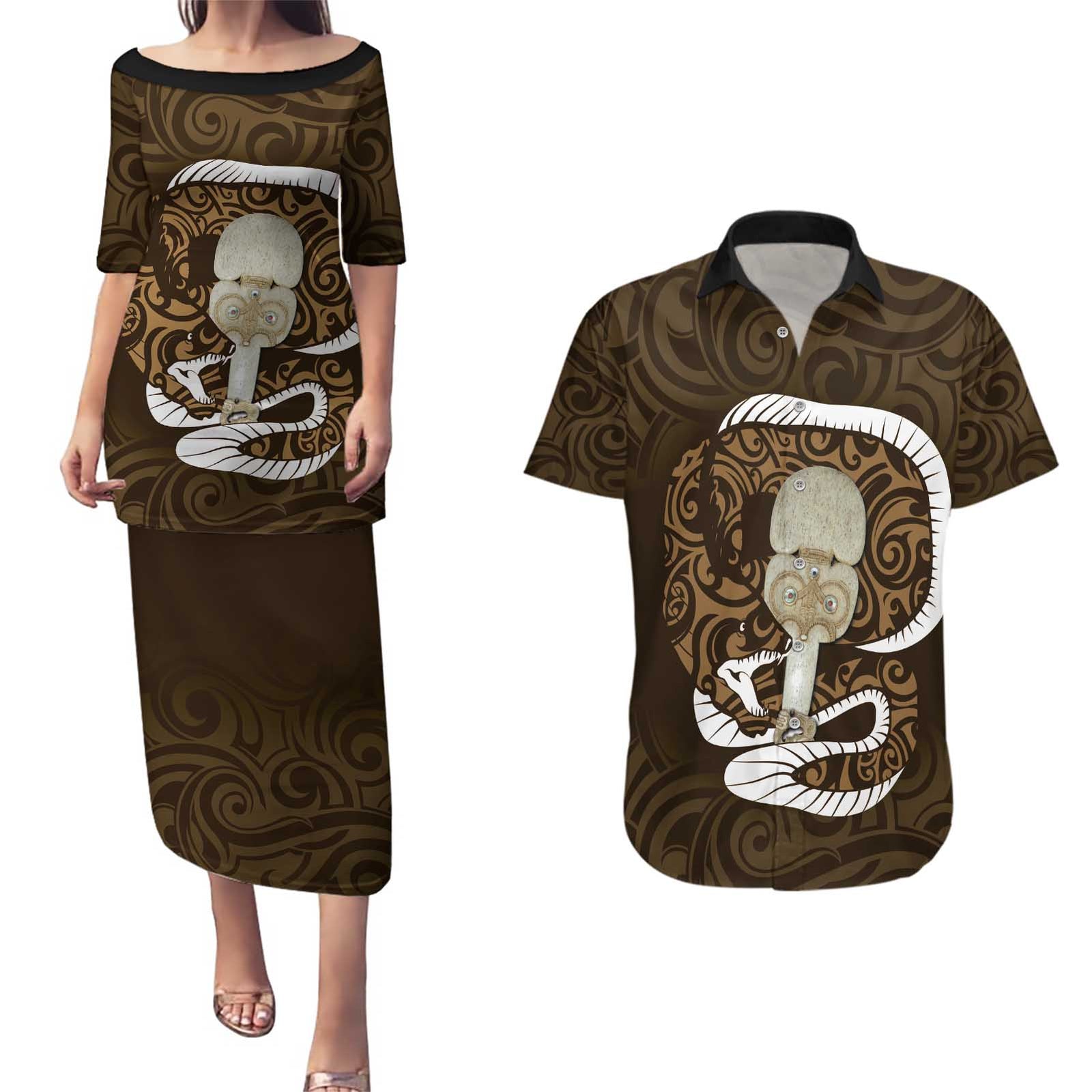 Gold New Zealand Eel Couples Matching Puletasi and Hawaiian Shirt Aotearoa Maori Tuna With Kotiate Weapon LT14 Gold - Polynesian Pride