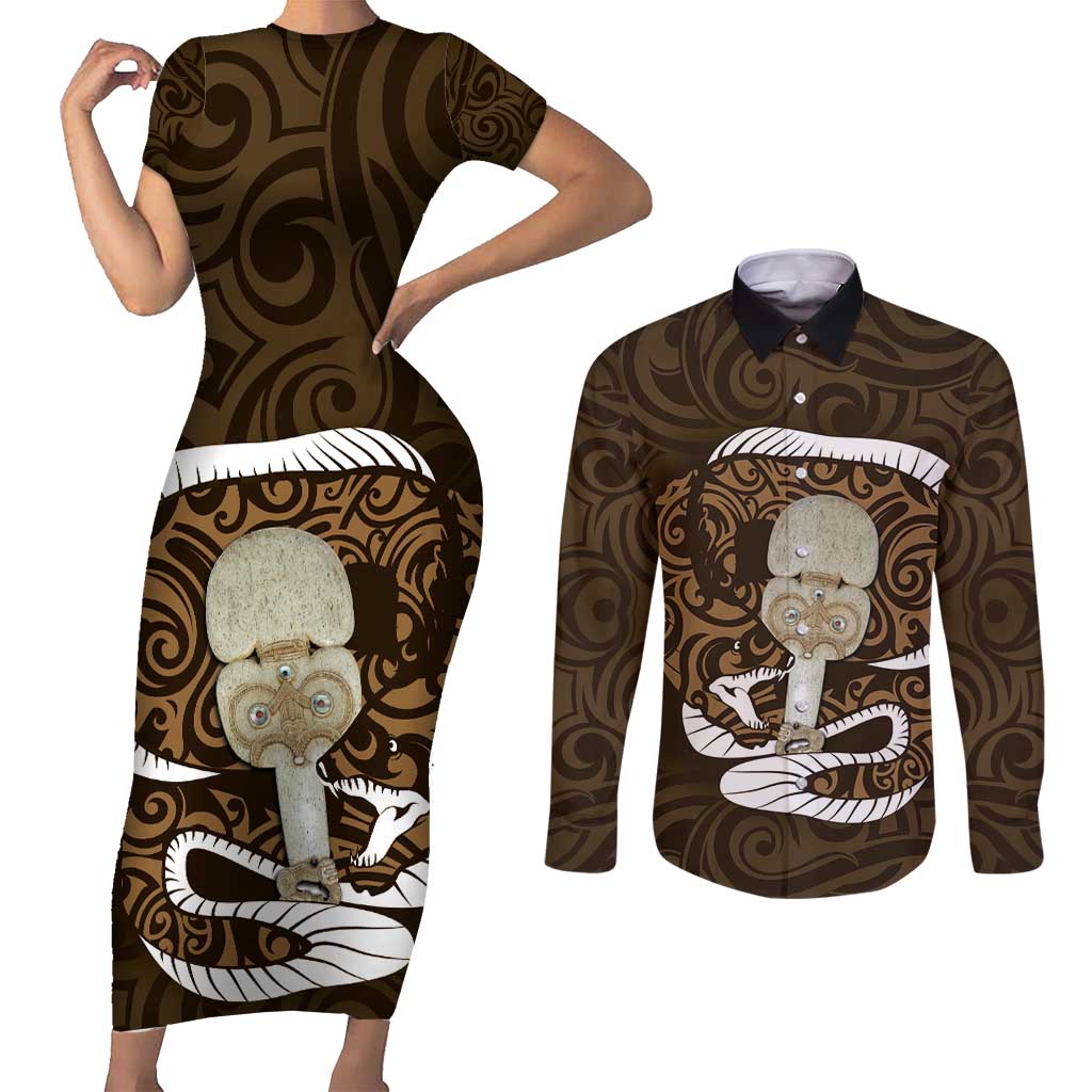 Gold New Zealand Eel Couples Matching Short Sleeve Bodycon Dress and Long Sleeve Button Shirt Aotearoa Maori Tuna With Kotiate Weapon