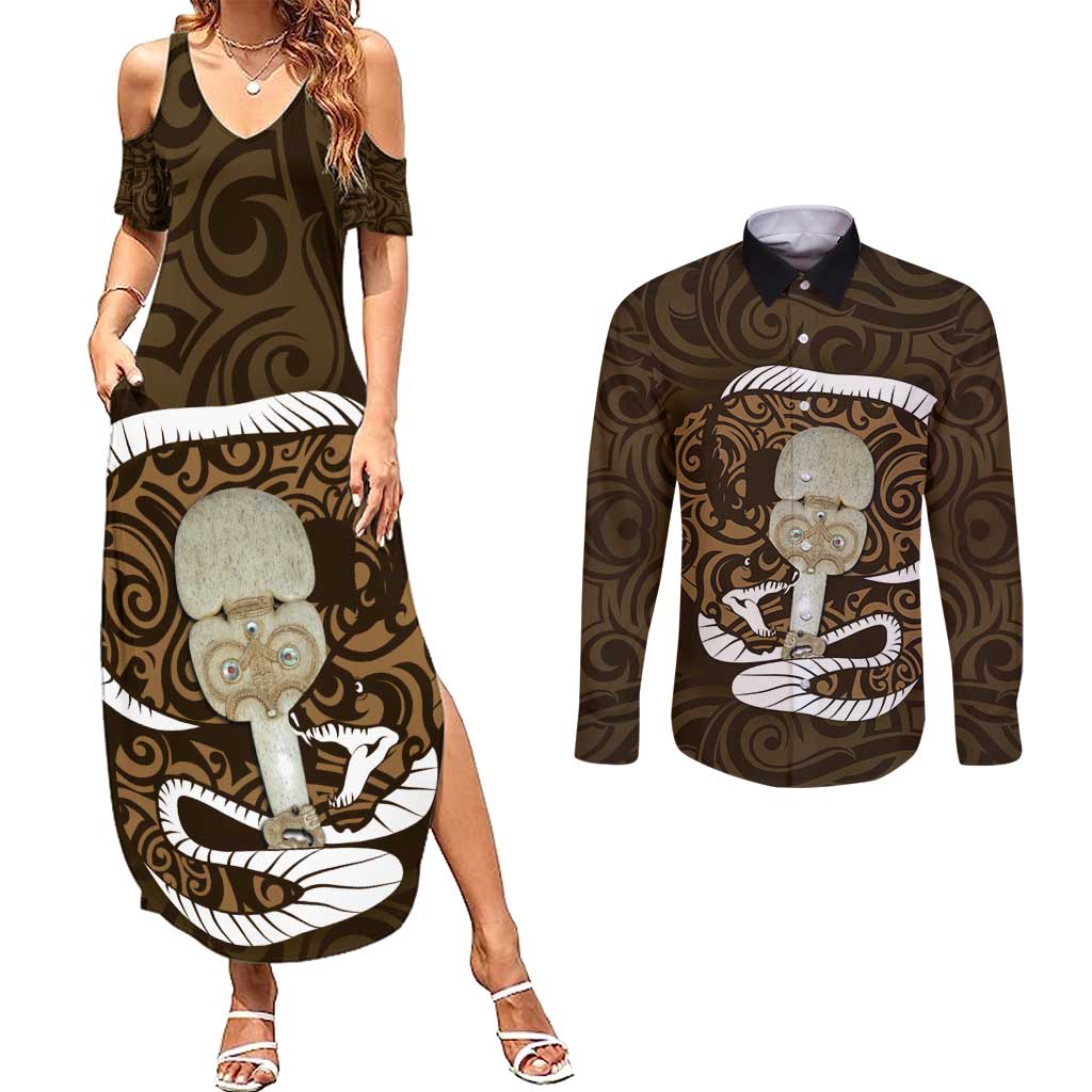 Gold New Zealand Eel Couples Matching Summer Maxi Dress and Long Sleeve Button Shirt Aotearoa Maori Tuna With Kotiate Weapon