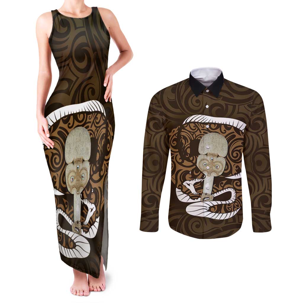 Gold New Zealand Eel Couples Matching Tank Maxi Dress and Long Sleeve Button Shirt Aotearoa Maori Tuna With Kotiate Weapon