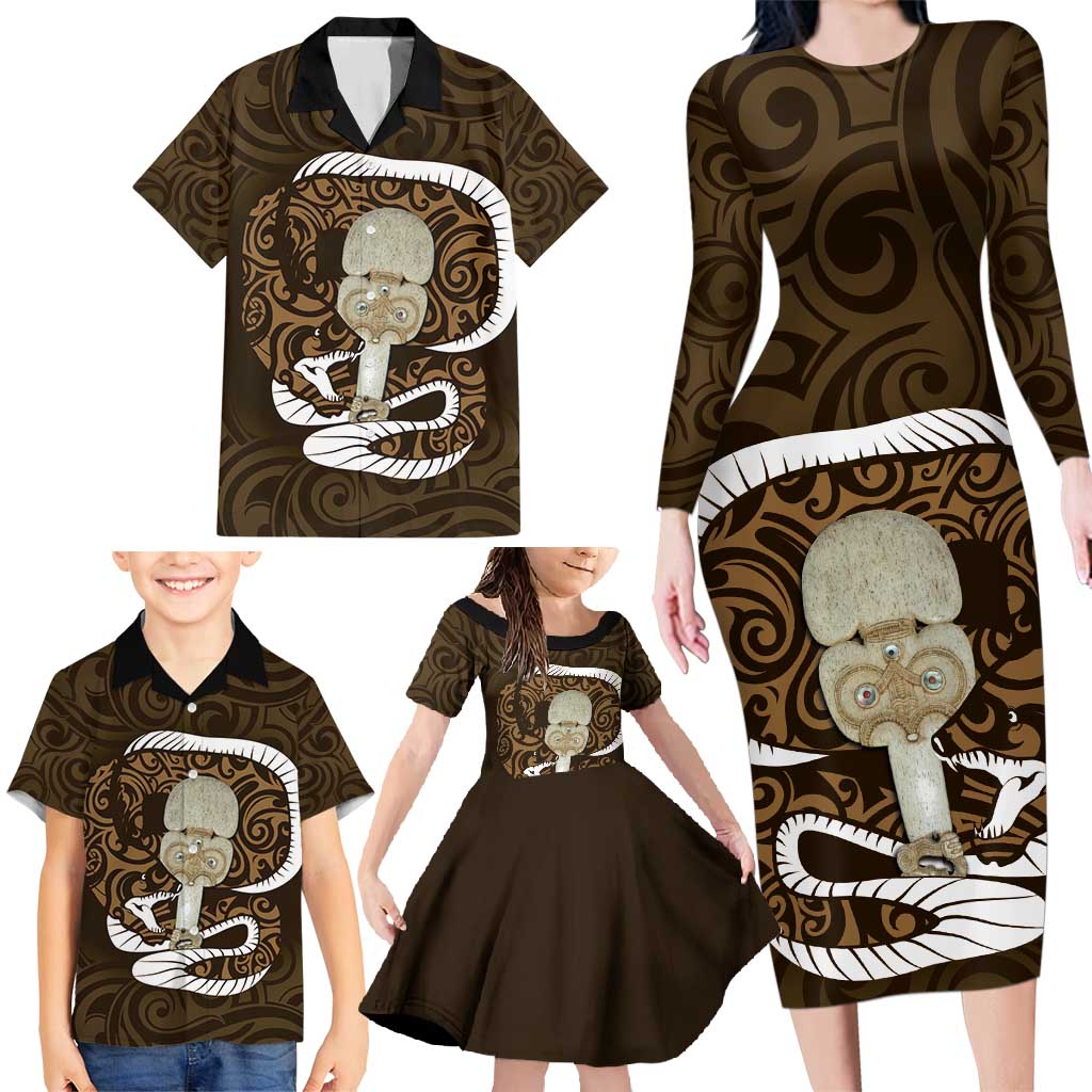 Gold New Zealand Eel Family Matching Long Sleeve Bodycon Dress and Hawaiian Shirt Aotearoa Maori Tuna With Kotiate Weapon