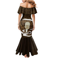 Gold New Zealand Eel Family Matching Mermaid Dress and Hawaiian Shirt Aotearoa Maori Tuna With Kotiate Weapon