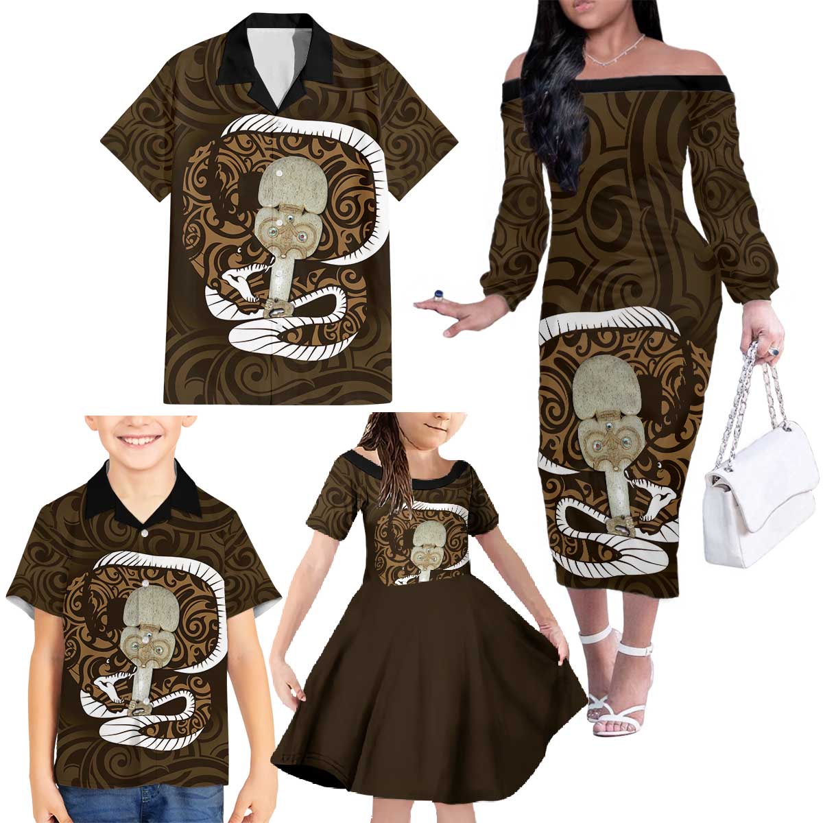 Gold New Zealand Eel Family Matching Off The Shoulder Long Sleeve Dress and Hawaiian Shirt Aotearoa Maori Tuna With Kotiate Weapon