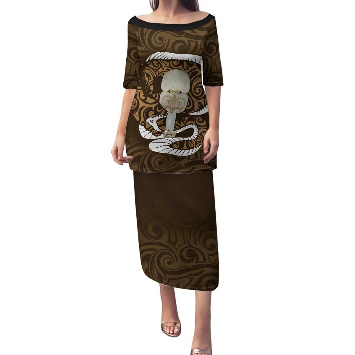 Gold New Zealand Eel Family Matching Puletasi and Hawaiian Shirt Aotearoa Maori Tuna With Kotiate Weapon