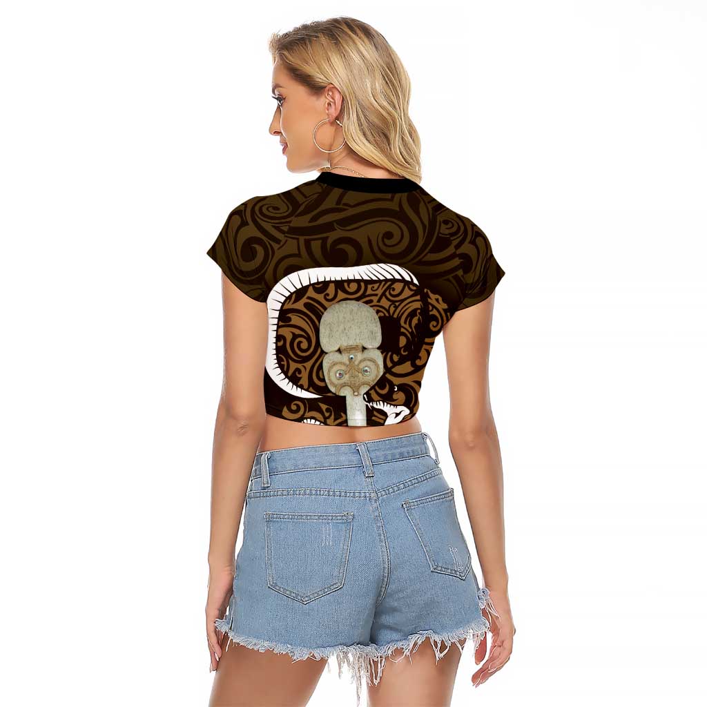 Gold New Zealand Eel Raglan Cropped T Shirt Aotearoa Maori Tuna With Kotiate Weapon LT14 - Polynesian Pride