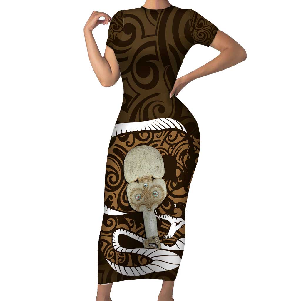 Gold New Zealand Eel Short Sleeve Bodycon Dress Aotearoa Maori Tuna With Kotiate Weapon