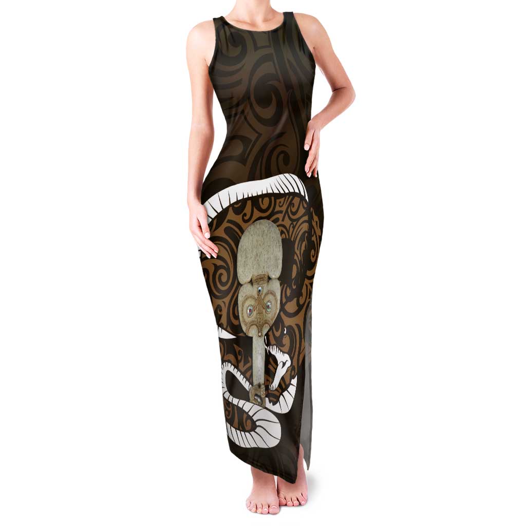 Gold New Zealand Eel Tank Maxi Dress Aotearoa Maori Tuna With Kotiate Weapon