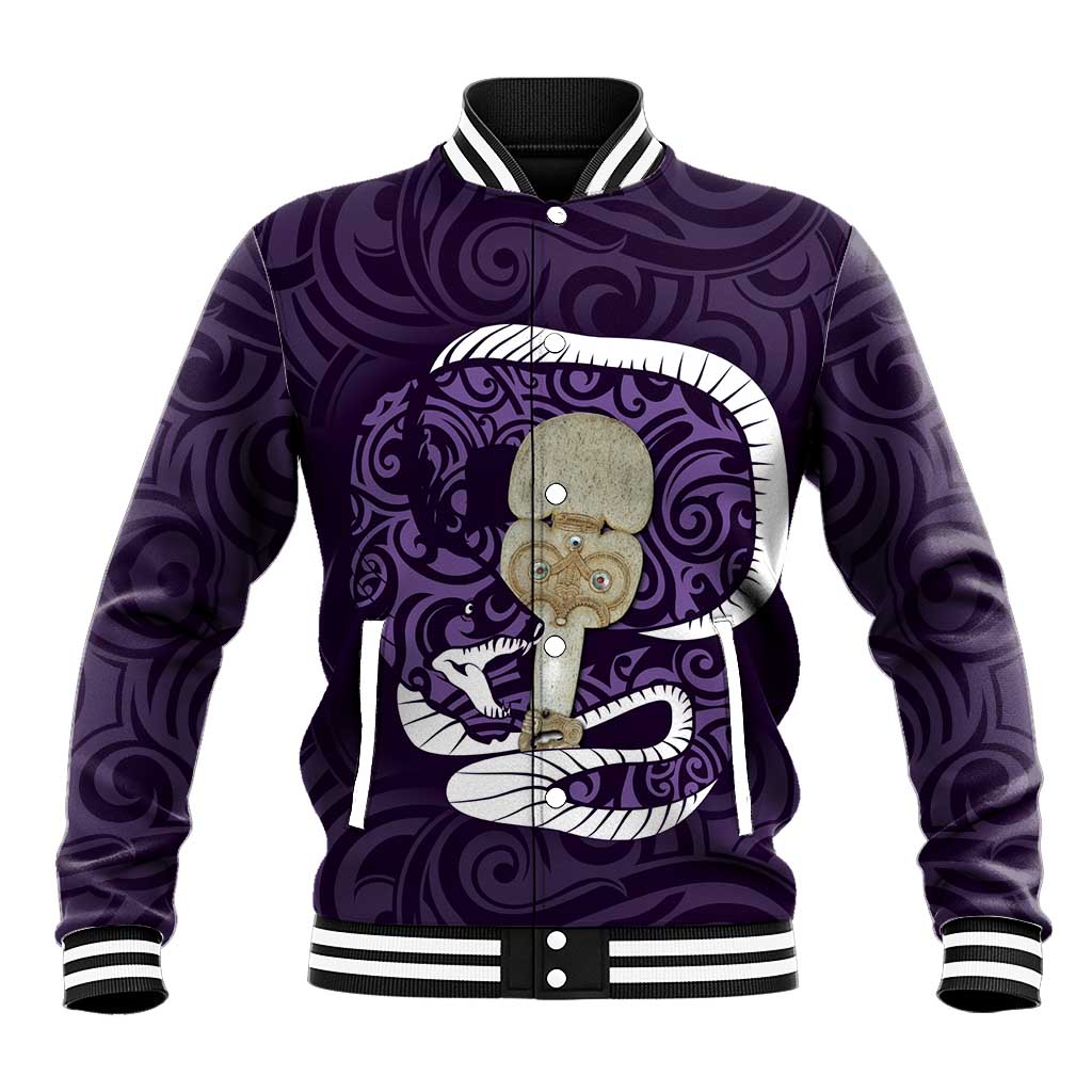 Purple New Zealand Eel Baseball Jacket Aotearoa Maori Tuna With Kotiate Weapon