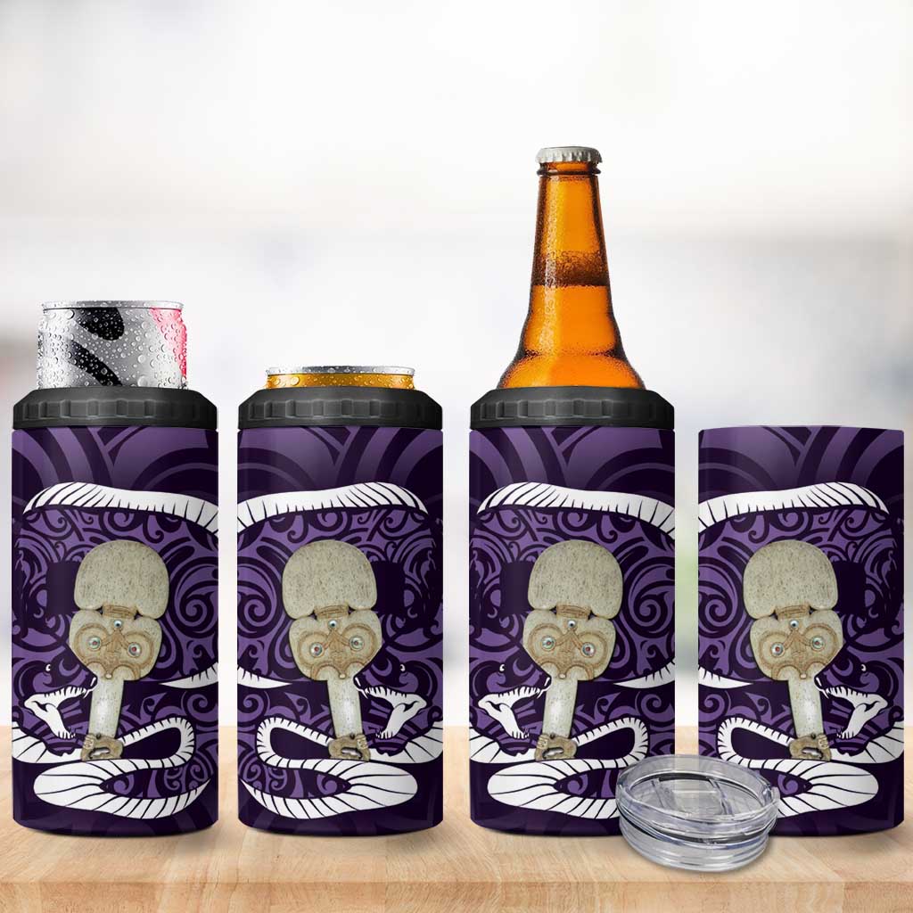 Purple New Zealand Eel Can Cooler Tumbler Aotearoa Maori Tuna With Kotiate Weapon