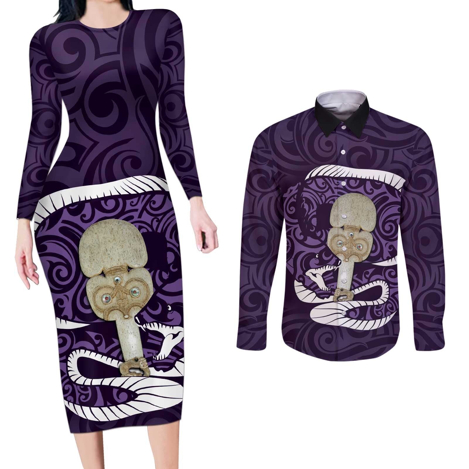 Purple New Zealand Eel Couples Matching Long Sleeve Bodycon Dress and Long Sleeve Button Shirt Aotearoa Maori Tuna With Kotiate Weapon