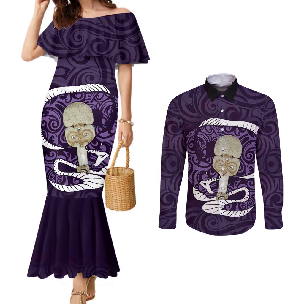 Purple New Zealand Eel Couples Matching Mermaid Dress and Long Sleeve Button Shirt Aotearoa Maori Tuna With Kotiate Weapon