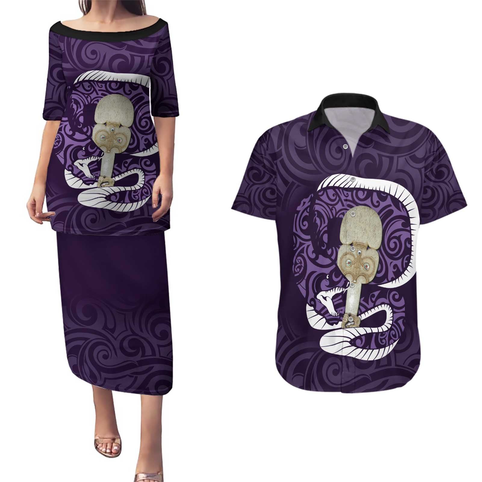 Purple New Zealand Eel Couples Matching Puletasi and Hawaiian Shirt Aotearoa Maori Tuna With Kotiate Weapon