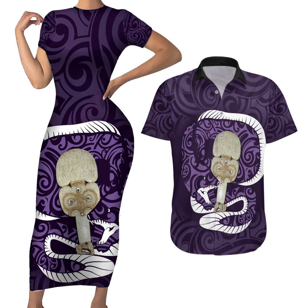 Purple New Zealand Eel Couples Matching Short Sleeve Bodycon Dress and Hawaiian Shirt Aotearoa Maori Tuna With Kotiate Weapon