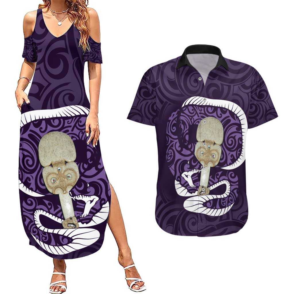 Purple New Zealand Eel Couples Matching Summer Maxi Dress and Hawaiian Shirt Aotearoa Maori Tuna With Kotiate Weapon