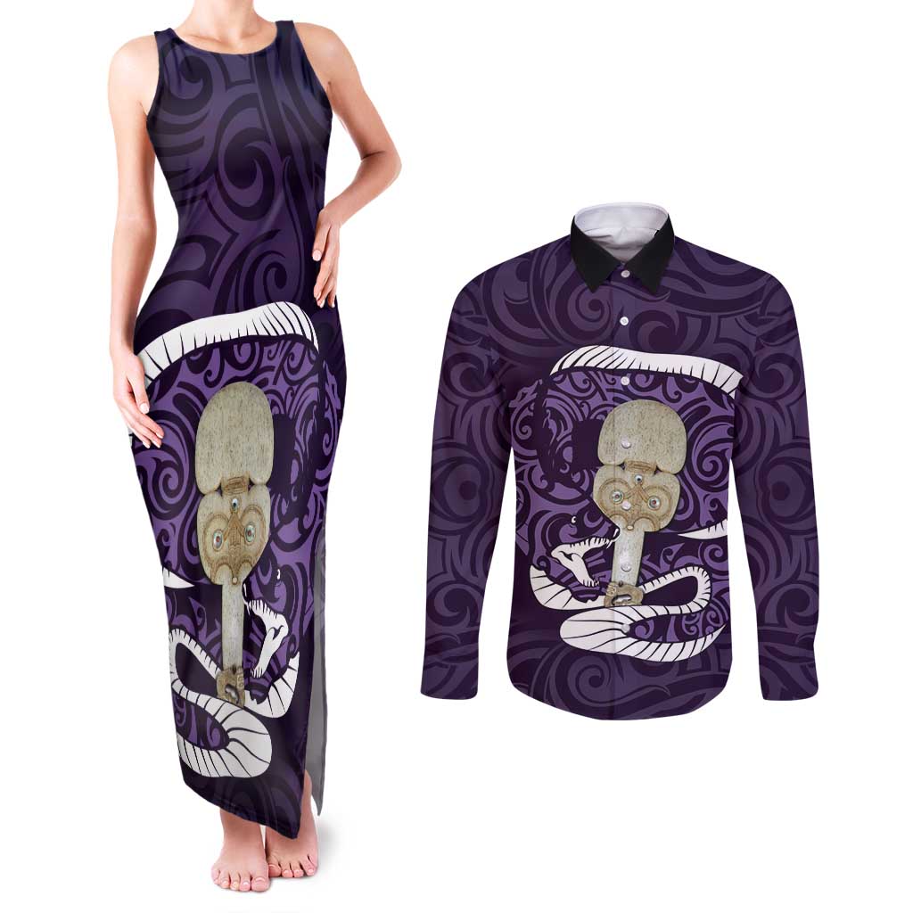 Purple New Zealand Eel Couples Matching Tank Maxi Dress and Long Sleeve Button Shirt Aotearoa Maori Tuna With Kotiate Weapon