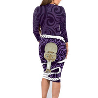 Purple New Zealand Eel Family Matching Long Sleeve Bodycon Dress and Hawaiian Shirt Aotearoa Maori Tuna With Kotiate Weapon